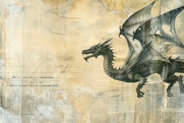 Naklejka premium Dragons flying ephemera border backgrounds animal paper.