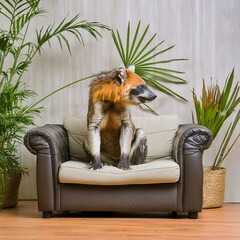 hyène assise sur un canapé dans un salon, en ia