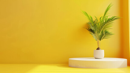 Elegant white podium with a green tropical plant against a vibrant yellow background for product showcases