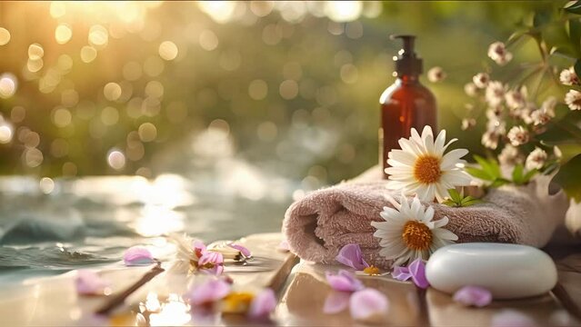 Pushing towards a stack of towels with flowers on the edge of a pool at a spa or wellness center