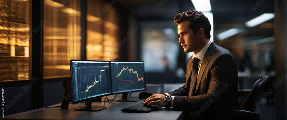 Poster a businessman using a tablet to analyze complex data sets in real-time, with a digital interface ove