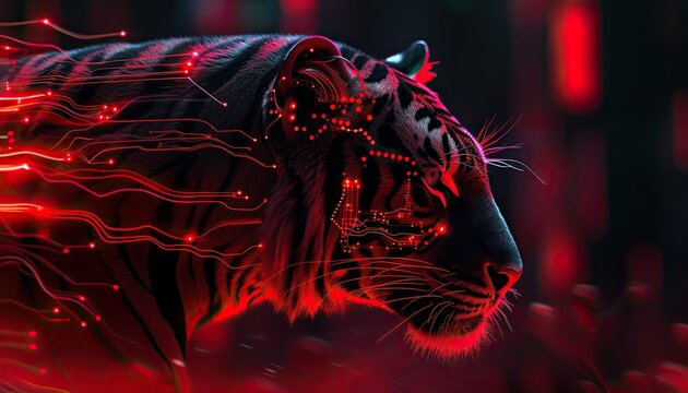 Hologram with a red tiger on a glowing background 🔴🐯 The bright red tones create a striking contrast against the dark backdrop, enhancing the tiger's dynamic silhouette. This captivating holographic