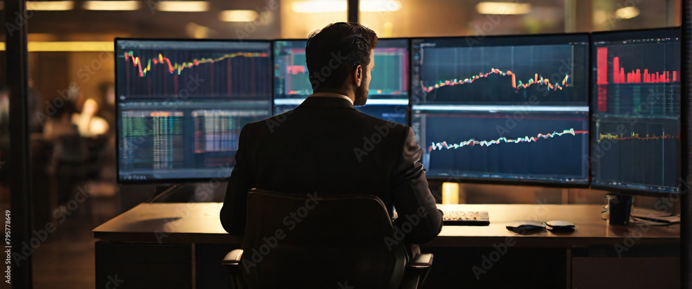 Poster a businessman using a tablet to analyze complex data sets in real-time, with a digital interface ove