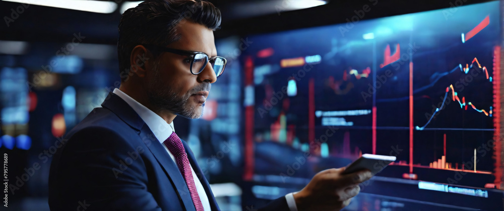 Poster a businessman using a tablet to analyze complex data sets in real-time, with a digital interface ove