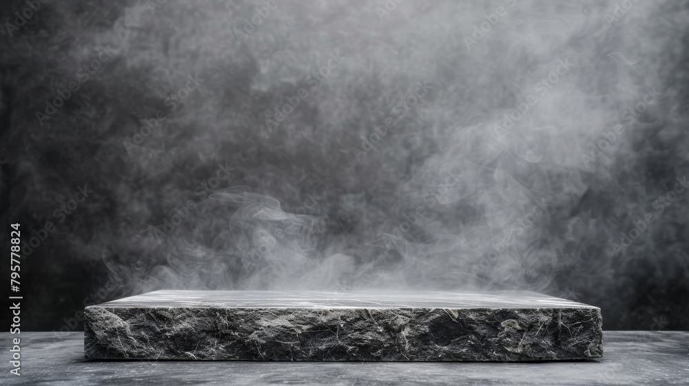 Poster Moody setup with mist swirling around an empty stone pedestal, ideal for product unveiling