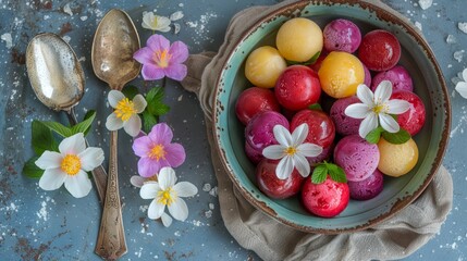   A blue surface with white speckles bears a bowl of colorfully decorated eggs and a nearby spoon, adorned with floral decorations