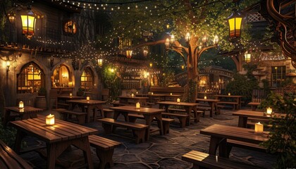 Fototapeta na wymiar Night café nestled in garden glow with enchanting lanterns, offering magical ambiance under the stars. 🌙🏞️🕯️