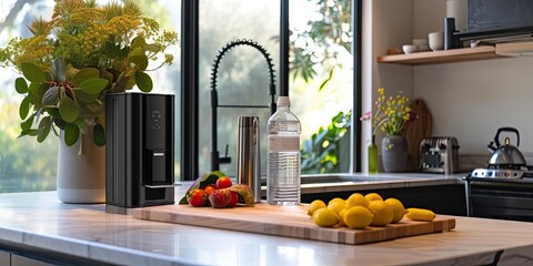 Modern kitchen interior features a home water filter system for clean, refreshing water straight from the tap. 💧🏠