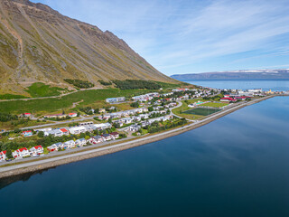 Aerial view of town of Isafjordur in the Icelandic westfjords