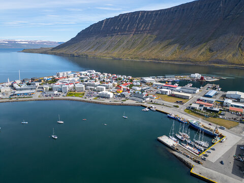 Aerial view of town of Isafjordur in the Icelandic westfjords