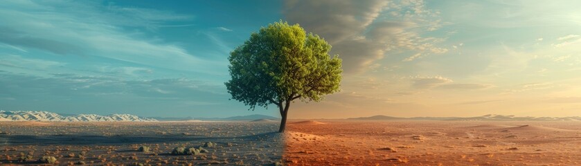 A single green tree stands at the division of a lush oasis and a barren desert