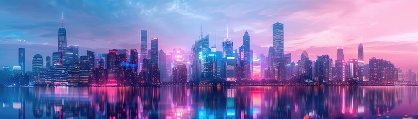 A vibrant, neon-lit futuristic cityscape with skyscrapers and reflections