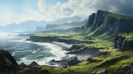 Beautyful coast line with rocky cliffs, waves and clouds