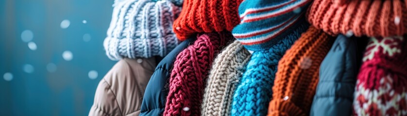 An array of winter apparel hanging neatly against a blue background