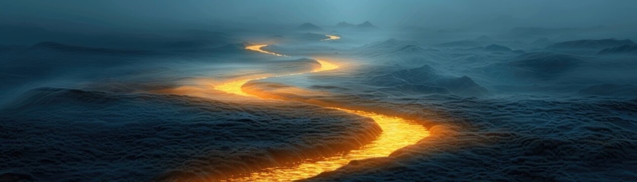 Abstract golden path winding through a dark, mystical landscape