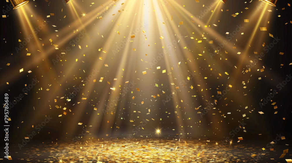 Poster a radiant display of spotlight beams and shimmering confetti against a dark backdrop