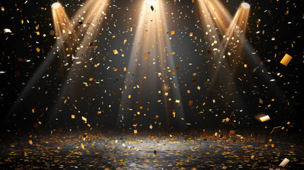Dynamic scene of gold confetti showering in the glow of spotlights, perfect for grand celebrations or product reveals