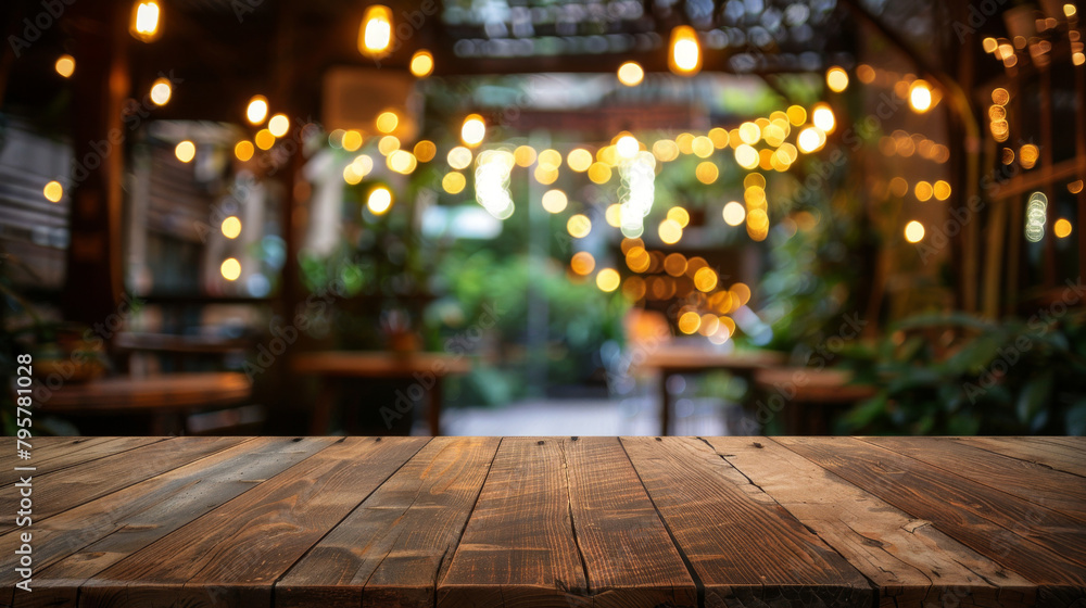 Aufkleber Rustic table with blurred string lights and greenery for showcasing products