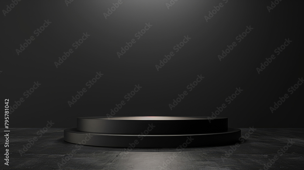Poster elegant black circular pedestal for showcasing products with focused lighting in a dark setting