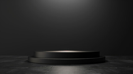 Elegant black circular pedestal for showcasing products with focused lighting in a dark setting