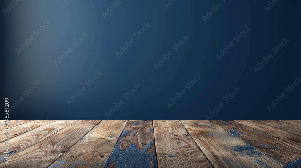 Poster spacious wooden surface for merchandise presentation with a gradient blue backdrop