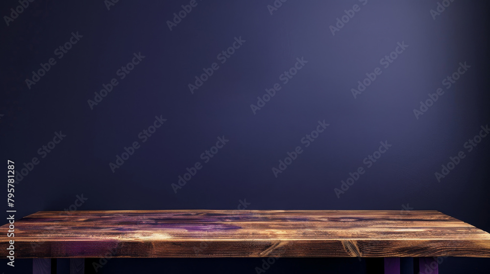 Poster Enhance your product display with a high-quality image featuring a sleek wooden table against a deep blue backdrop