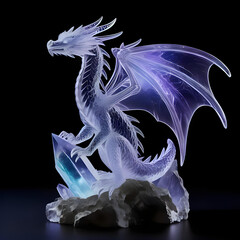 Naklejka premium Translucent ice dragon sculpture with ethereal wings perched on a crystal