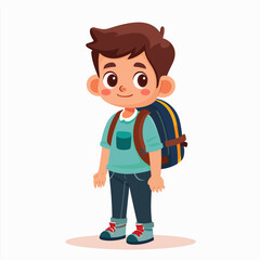 A young boy is standing with his backpack on, smiling