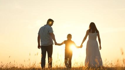 Family holding hands in field at sunset. Father dad kid boy child mother mom on golden rays sun go...