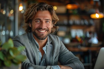 Fototapeta premium Smilling businessman work on laptop in office