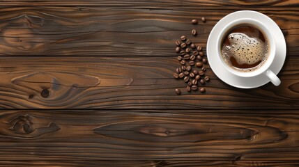 Closeup a cup of hot coffee drink with many beans on rustic wooden table. AI generated image