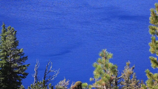 The image is of a body of water with a blue color. With the wind moving across the surface of the water. This is the bluest lake in the USA, Crater Lake, Oregon.