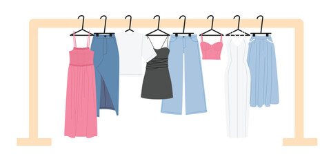 Women's clothes on racks. Dresses, T-shirt, skirts.  Organized women's summer closet. Storage of clothes. Hand drawn color flat vector illustration.