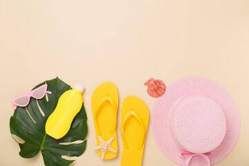 Flat lay with colorful beach accessories on color background. Vacation concept