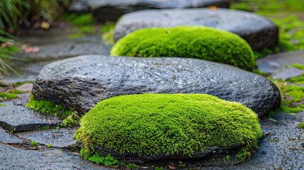A rock covered in moss sits on a path - Powered by Adobe