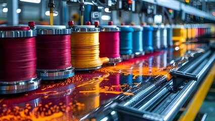 Automated textile printing press in action with modern manufacturing equipment. Concept Textile Industry, Manufacturing Technology, Digital Printing, Automated Machinery, Textile Production - obrazy, fototapety, plakaty