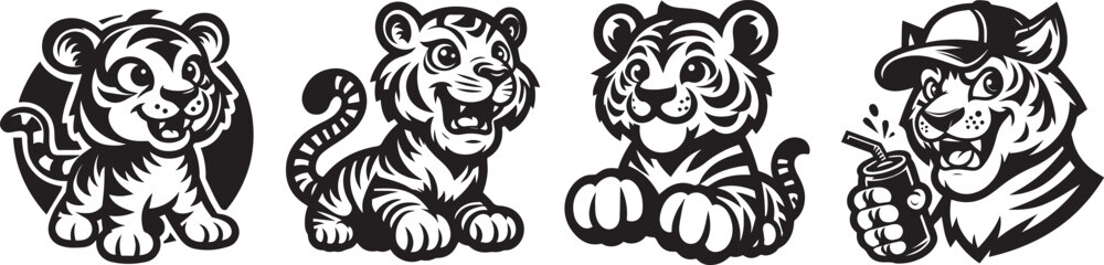cute tiger black vector, silhouette illustration laser cutting engraving transparent background, monochrome shape