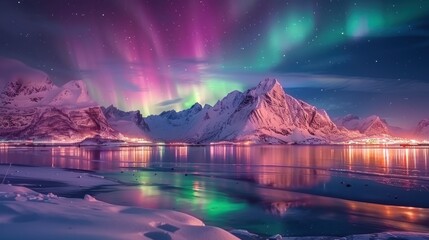 Panoramic Northern lights aurora borealis at snowy mountains over the sea. AI generated image