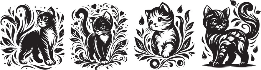 cat black decoratiion vector, animal shape silhouette decorative vector, monochrome print clipart illustration, laser cutting engraving nocolor