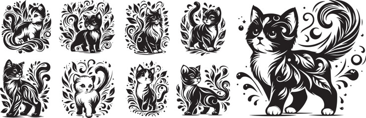 cat cute animal black vector, silhouette illustration laser cutting engraving transparent background, monochrome shape