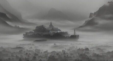 Noah' Ark navigating through a flooded, misty valley, surrounded by fog-shrouded trees and distant mountains, captured using a soft-focus lens to create a dreamlike and mysterious atmosphere."