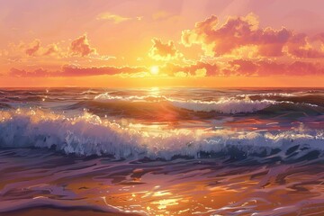 Fototapeta na wymiar golden sunrise over calm ocean waves peaceful morning mood digital painting