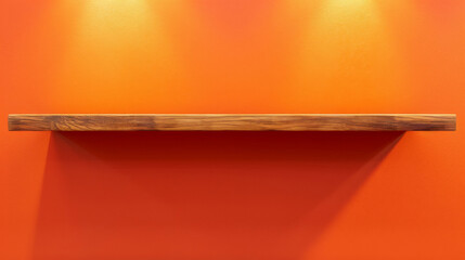 Minimalist wooden shelf against an orange backdrop for product display