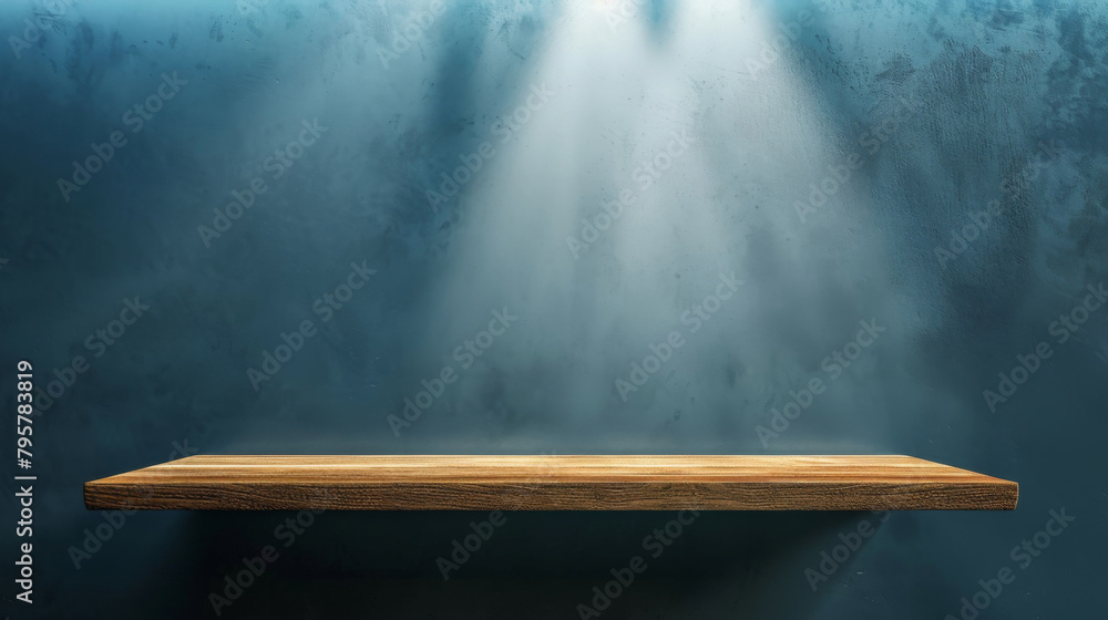 Poster empty wood shelf against a dark background illuminated by a single spotlight