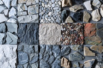 Various decorative stones arranged in a grid, showcasing different textures and colors ideal for wall accents and interior designs.