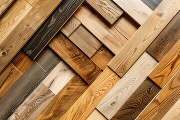 A variety of natural-colored parquet and laminate flooring samples arranged neatly on an oak background, showing different textures and hues.