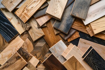 Various natural-colored parquet and laminate flooring samples are displayed on a dark oak background in an overlapping arrangement. - Powered by Adobe