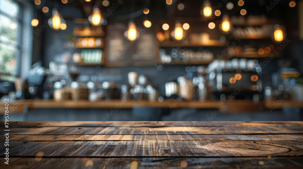 Poster cozy café ambiance with empty wooden table upfront and blurred background