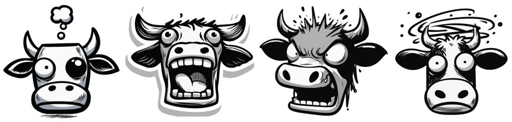 mad cow and bull, black vector, silhouette illustration laser cutting engraving transparent background, monochrome shape