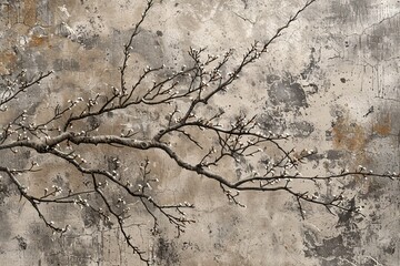 An elegant wallpaper design featuring a textured, weathered surface with a detailed branch bearing buds, depicted in an artistic, monochromatic style.